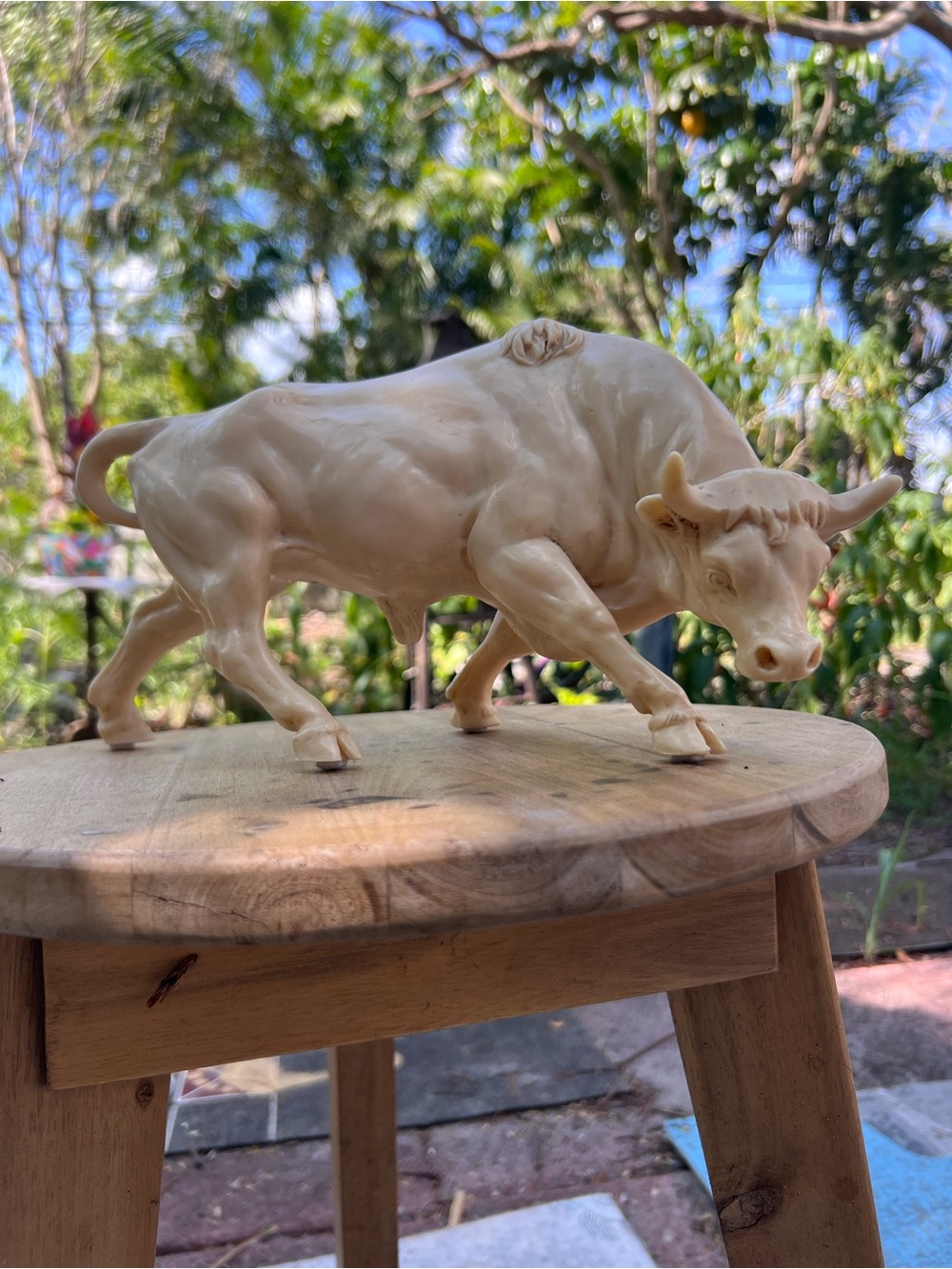 Handcrafted, Signed, Cream Bull Sculpture Decorative Figurine